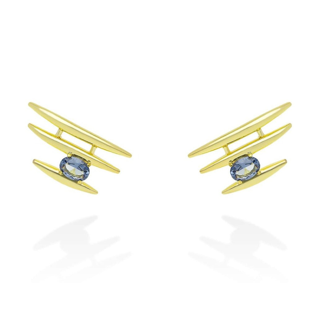 Pendientes de plata de primera ley (925) chapada en oro amarillo de 18 quilates con piedra sintética color "London Blue"