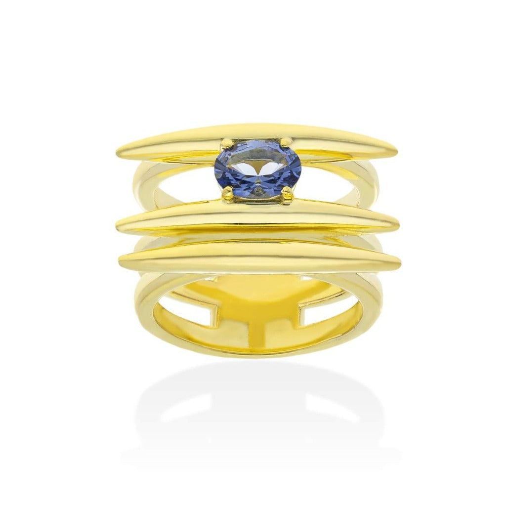 Anillo de plata de primera ley (925) chapada en oro amarillo de 18 quilates con piedra sintética color "London Blue"