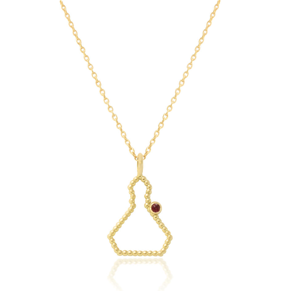 Collar realizado en oro amarillo de 18 quilates con la silueta de San Fermín en hilo de bolitas y un rubí