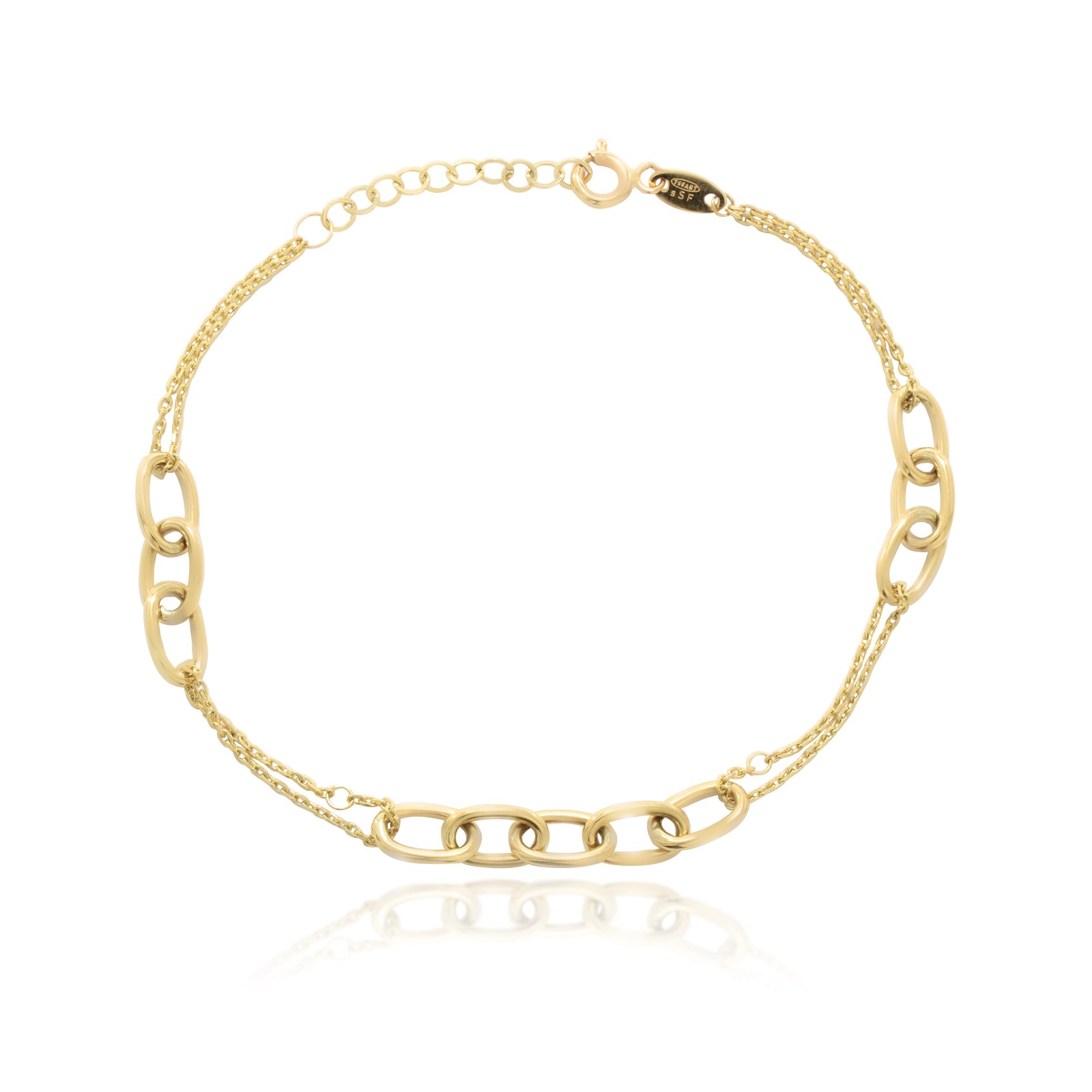 Pulsera realizada en oro amarillo de 18 quilates con eslabones intercalados con dos cadenas.