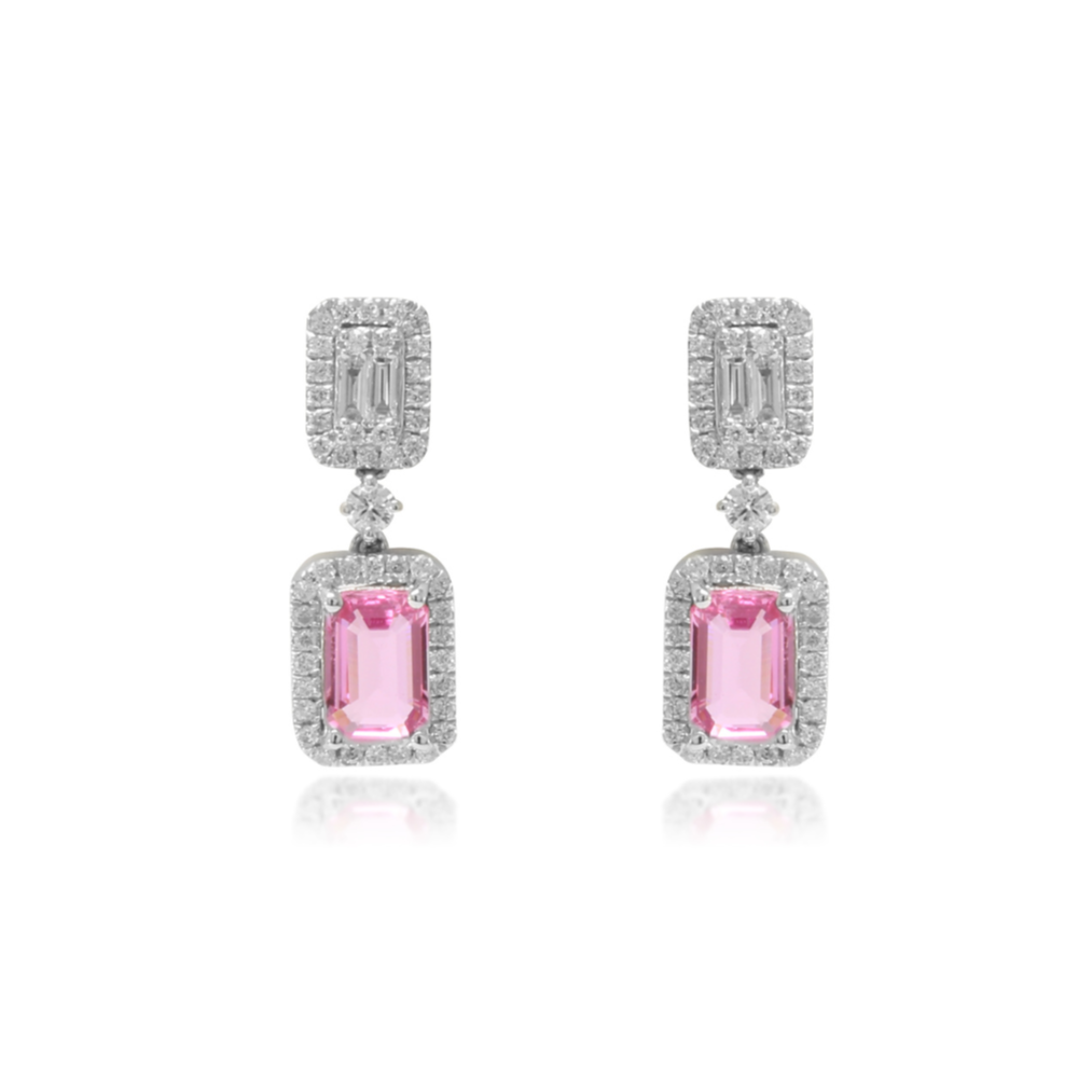 Pendientes de oro blanco de 18k con diamantes y zafiro rosa