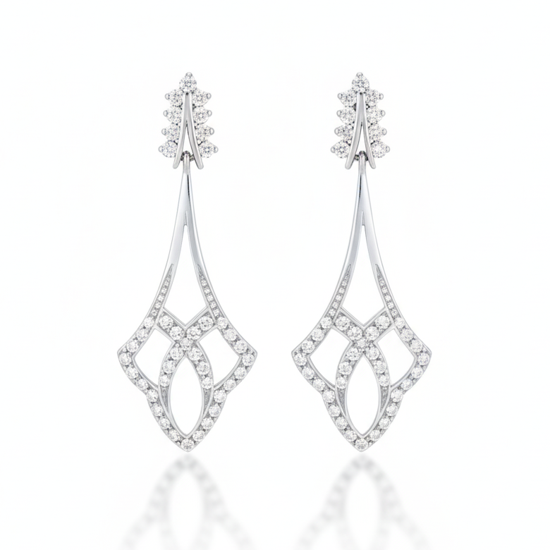 Pendientes largos de oro blanco de 18k estilo isabelino con diamantes talla brillante