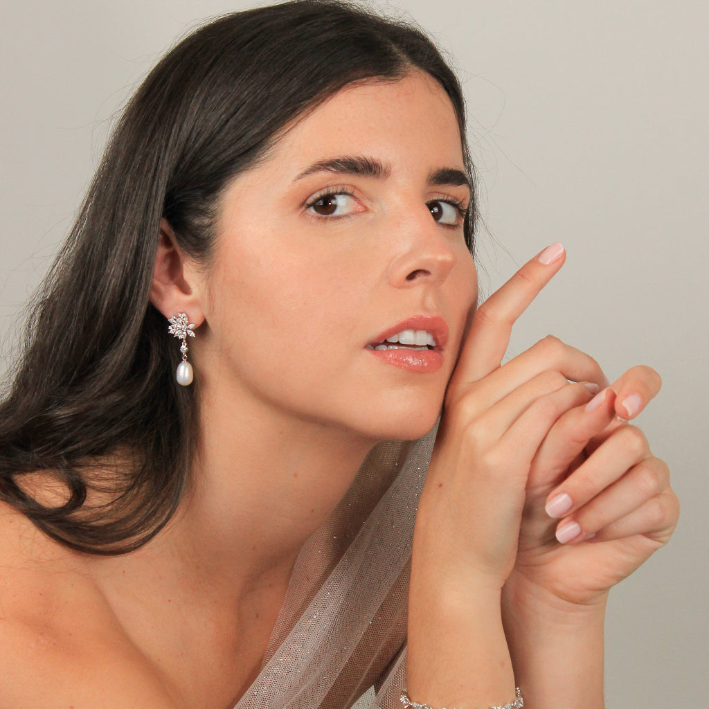 Pendientes de perla de novia en plata de primera ley