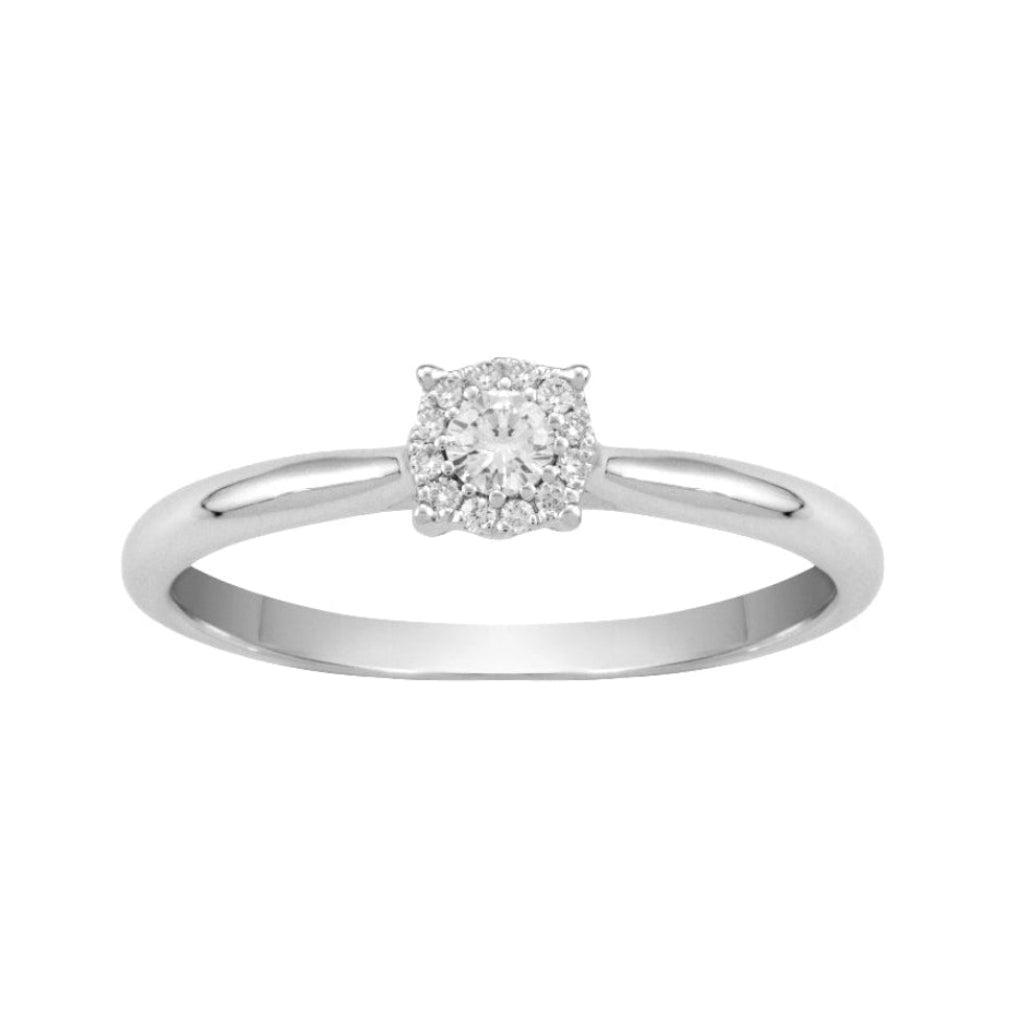 Sortija roseta en oro blanco de 18 quilates con un diamante central y 12 diamantes rodeándolo. Joyería Pamplona.