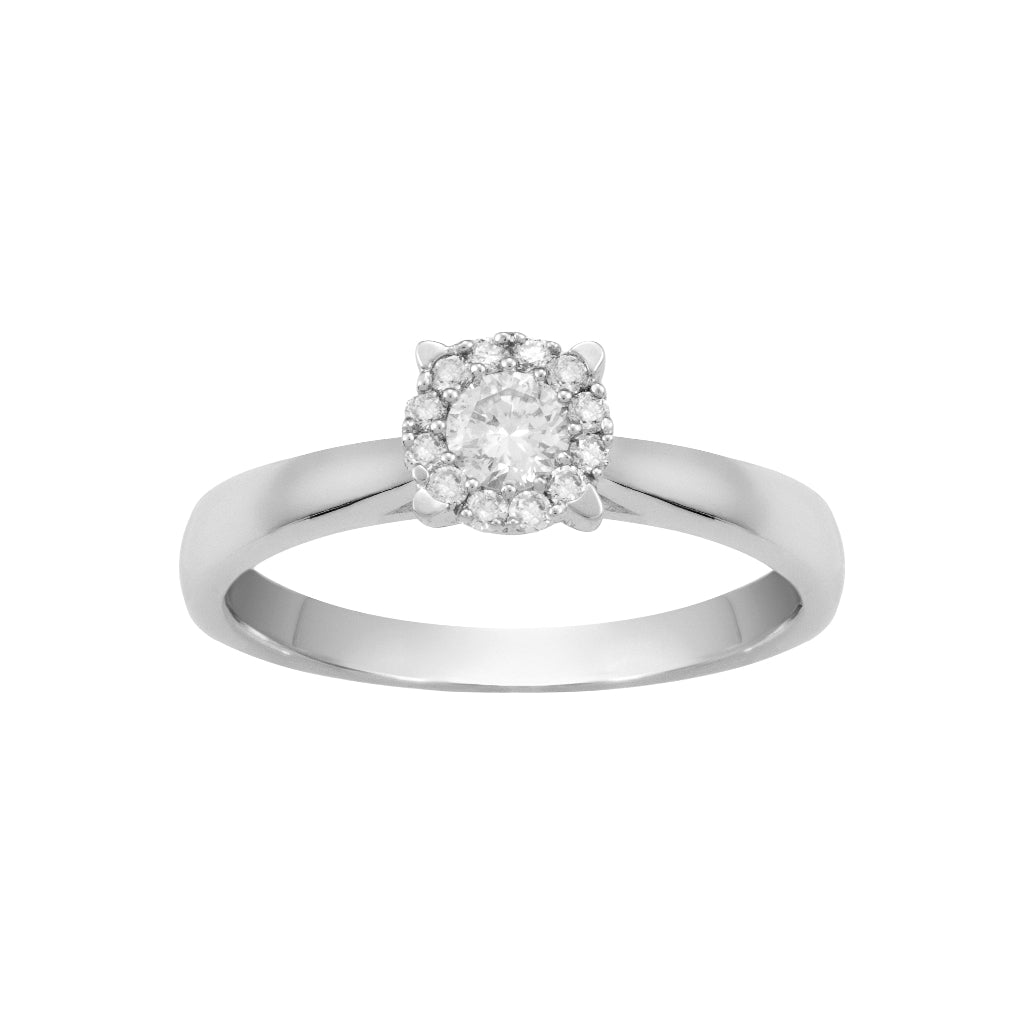 Sortija roseta en oro blanco de 18 quilates con un diamante central y 12 diamantes rodeándolo. Joyería Pamplona.
