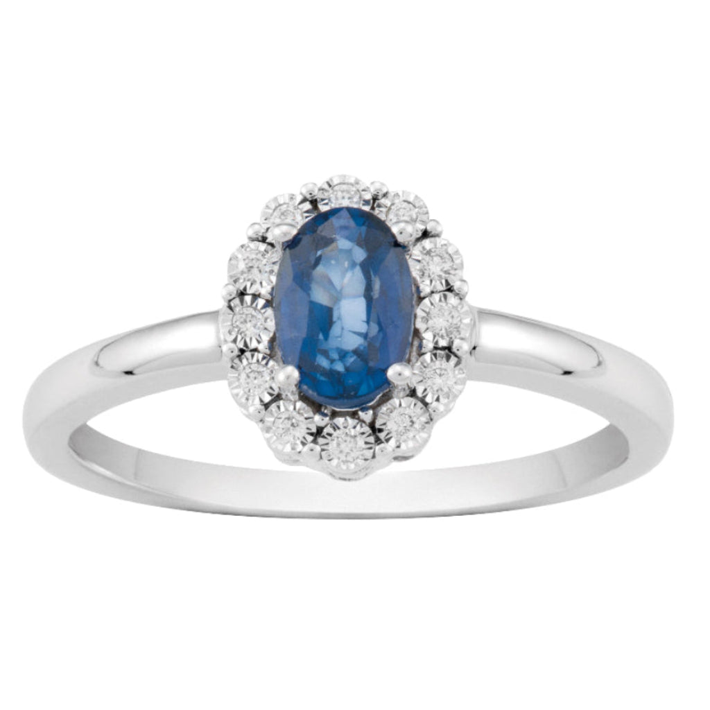 anillo oro blanco 18kt con diamantes y Zafiro joyeria pamplona