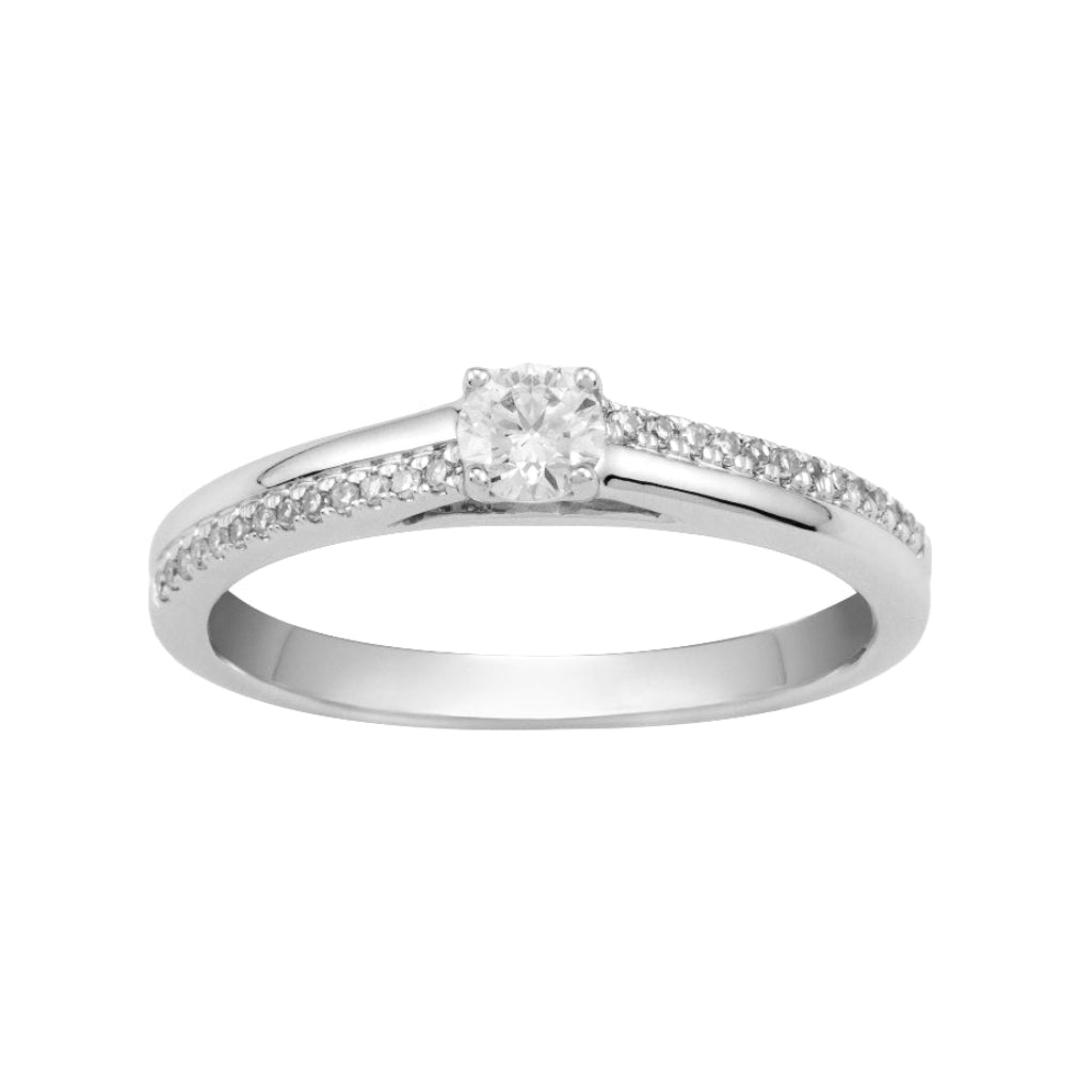 anillo compromiso oro blanco con diamante y brazo doble engastado con diamantes