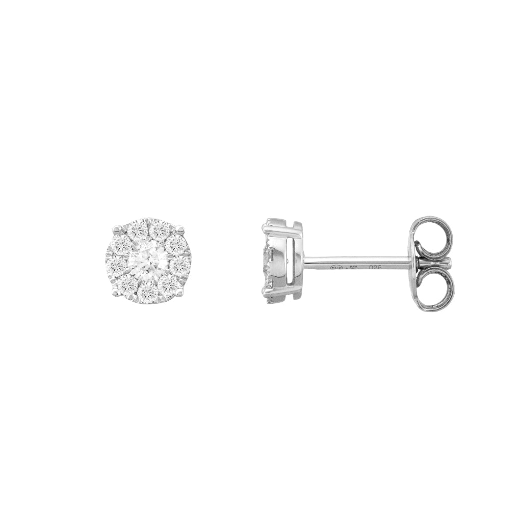 Pendientes en oro blanco de 18 quilates con un diamante central talla brillante y 9 diamantes talla brillante bordeándolo engastado en garras invisibles. Joyería Pamplona.