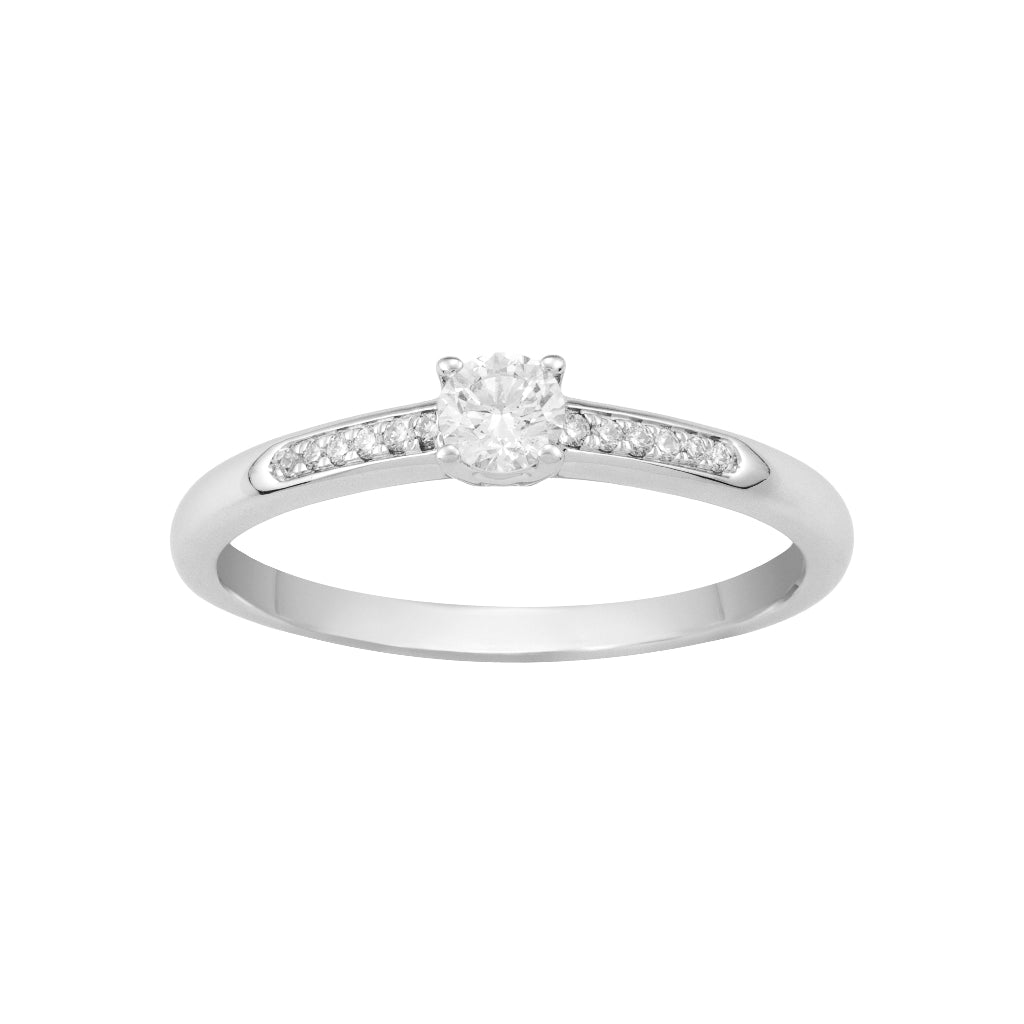 anillo de compromiso en oro blanco de 18 quilates con diamante y diamantes en los laterales