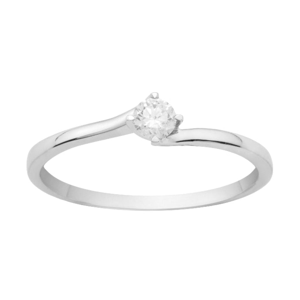 Sortija solitario en oro blanco de 18 quilates con un diamante en garras. Joyería Pamplona.