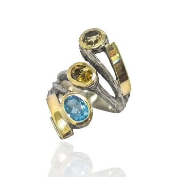 Anillo Gabriela Styliano Original plata, oro, citrino, topacio y turmalinia