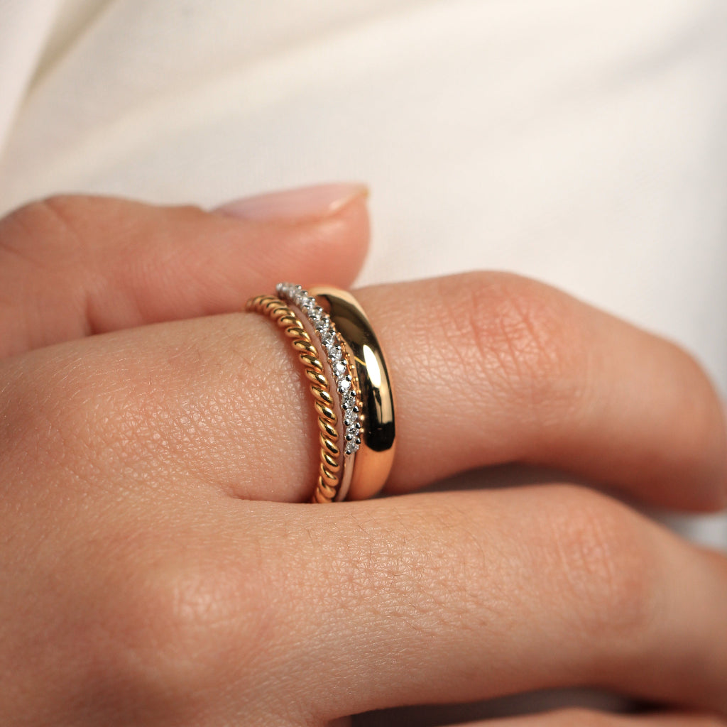 Sortija tres bandas oro rosa diamantes