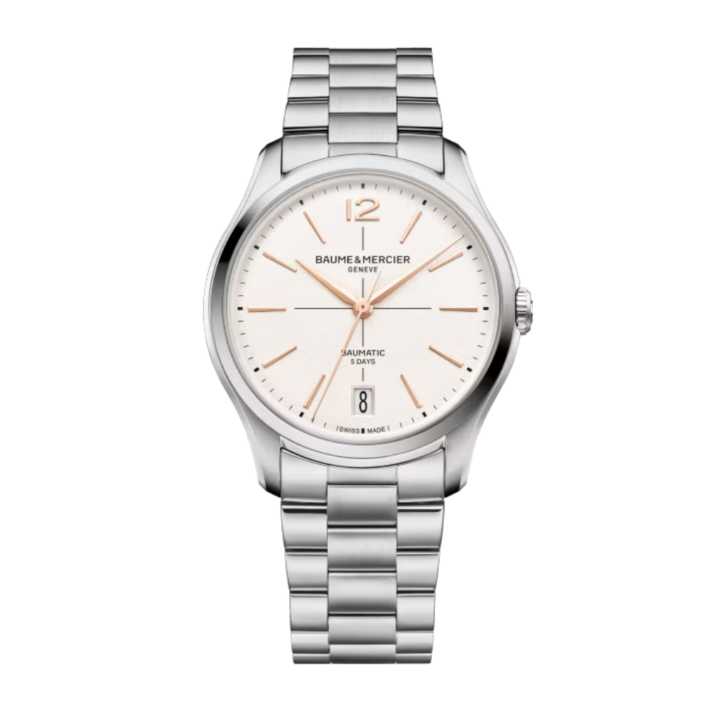 Reloj para hombre Baume & Mercier con brazalete de acero y esfera blanco roto con fecha Swiss Made