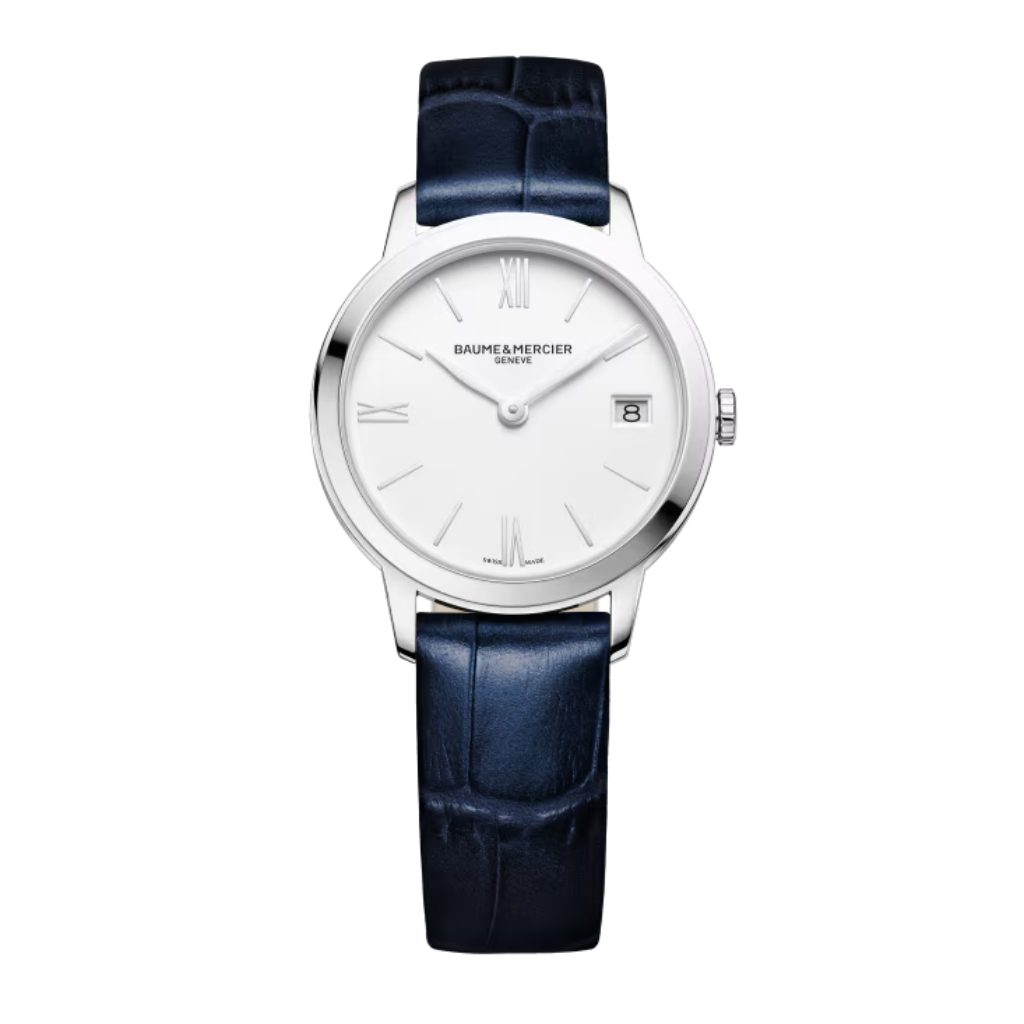 Reloj para mujer Baume & Mercier con correa azul y esfera blanca con fecha Swiss Made