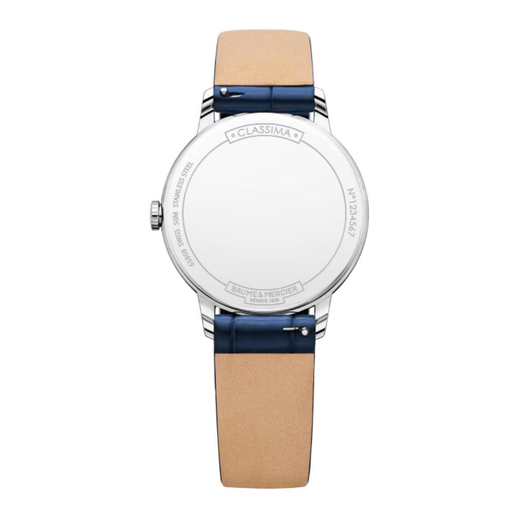 Reloj para mujer Baume & Mercier con correa azul y esfera blanca con fecha Swiss Made