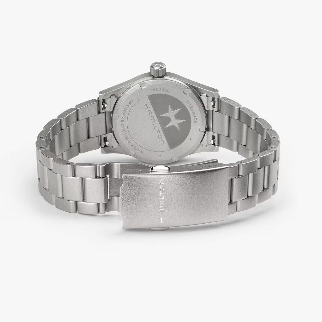 Hamilton Khaki Field Quartz de 33mm con esfera negra y correa de acero. Joyería Pamplona.