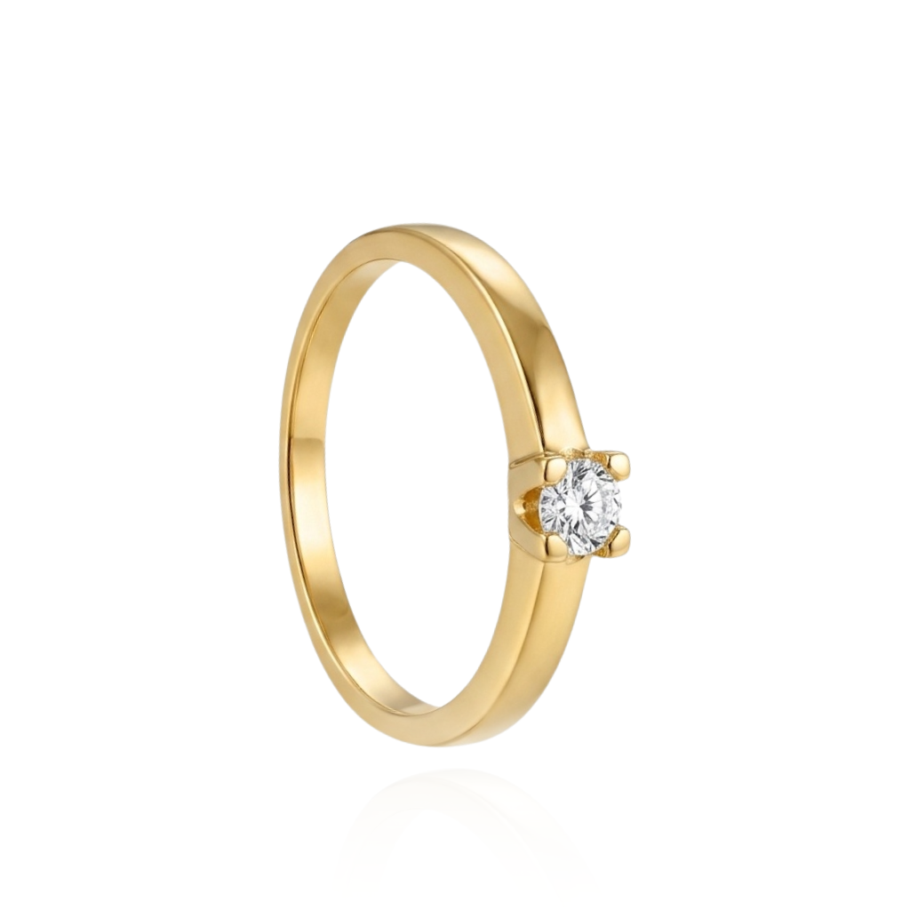 Sortija realizada en oro amarillo de 18 quilates con un brillante central de 0,11 cts. engastado en 4 garras.