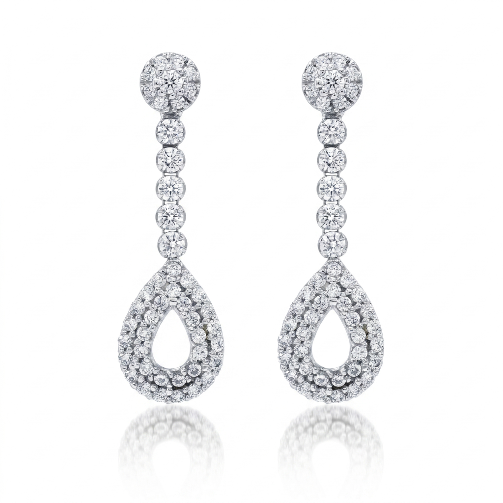 Pendientes largos de oro blanco de 18 quilates con circonitas.