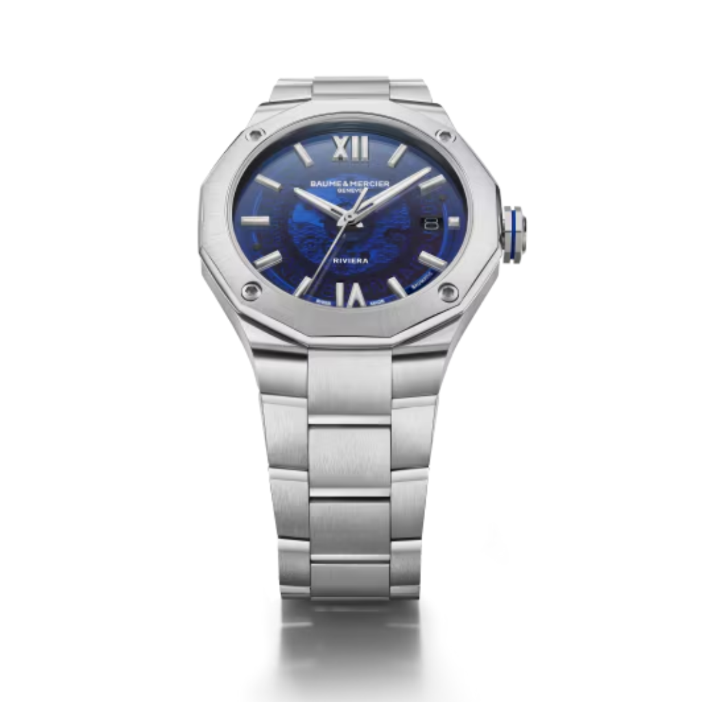Reloj para hombre Baume & Mercier con brazalete de acero y esfera azul de zafiro con fecha Swiss Made