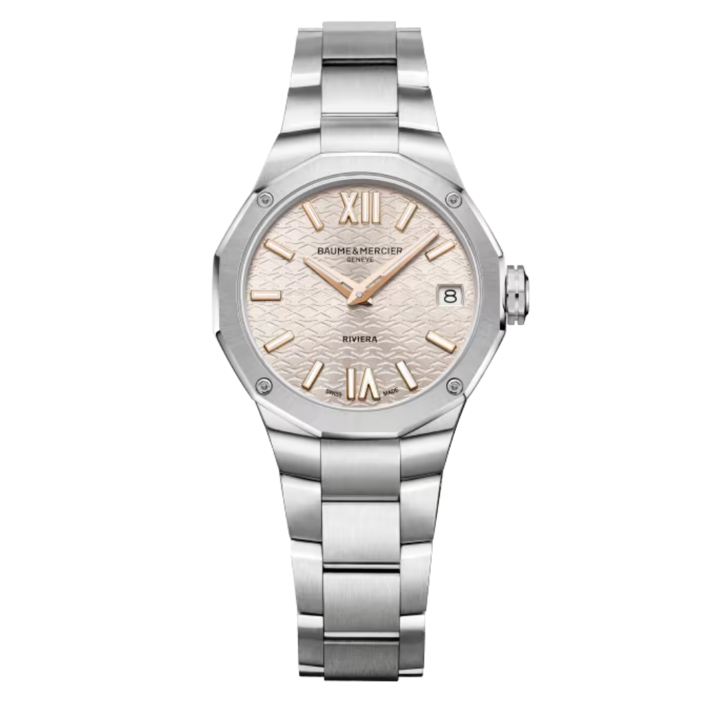 Reloj para mujer Baume & Mercier con brazalete de acero y esfera de nácar blanco engastada con diamantes con fecha Swiss Made