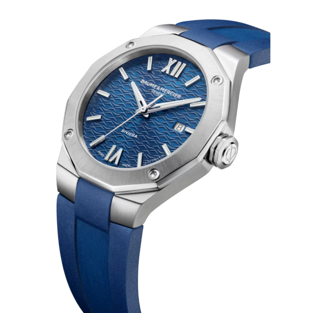 Reloj para hombre Baume & Mercier con correa de caucho azul y esfera azul con fecha Swiss Made