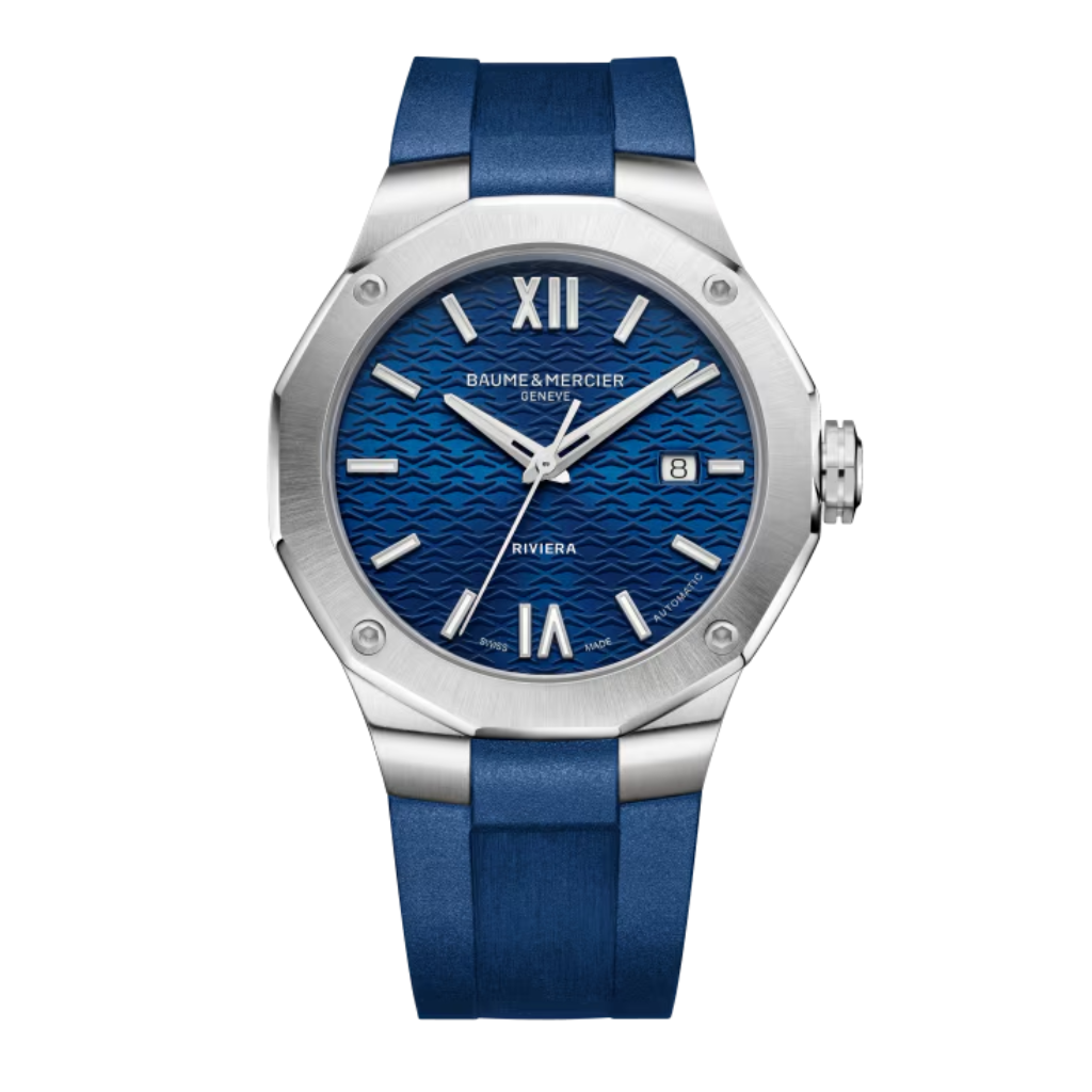 Reloj para hombre Baume & Mercier con correa de caucho azul y esfera azul con fecha Swiss Made