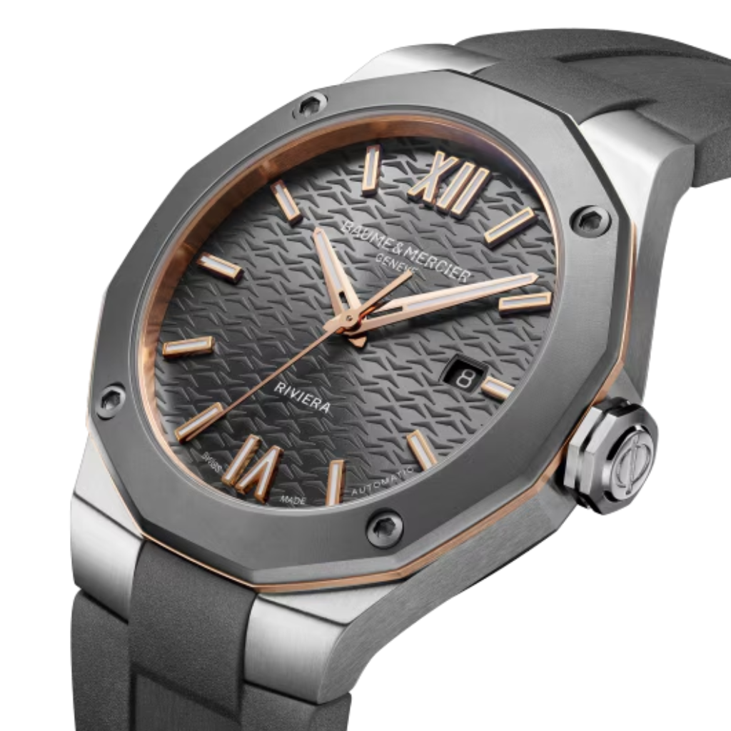 Reloj para hombre Baume & Mercier con correa de caucho gris y esfera gris con fecha Swiss Made
