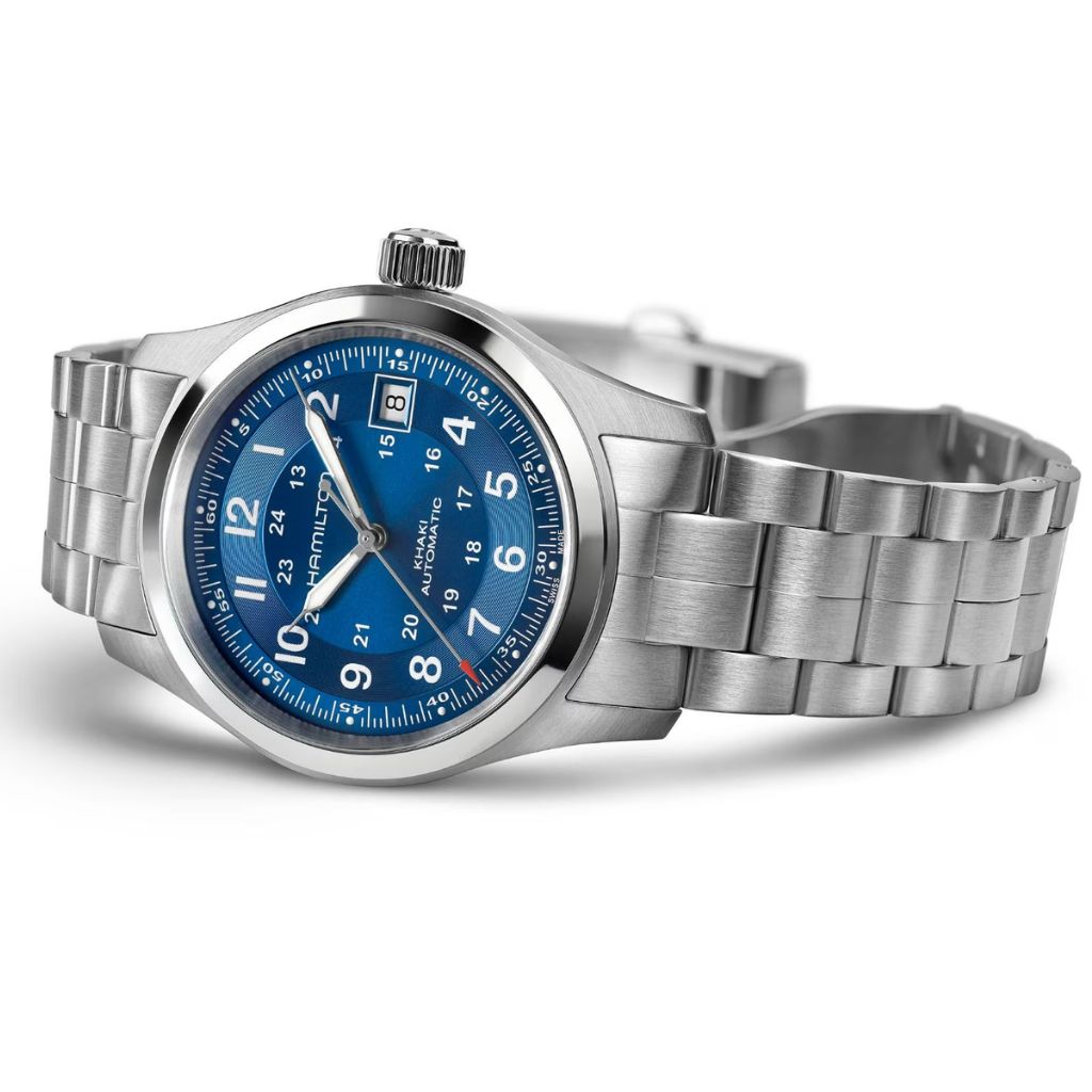 Reloj Hamilton Hamilton Hamilton Khaki Field Auto 38 mm con esfera azul y correa de acero. Joyería Pamplona.