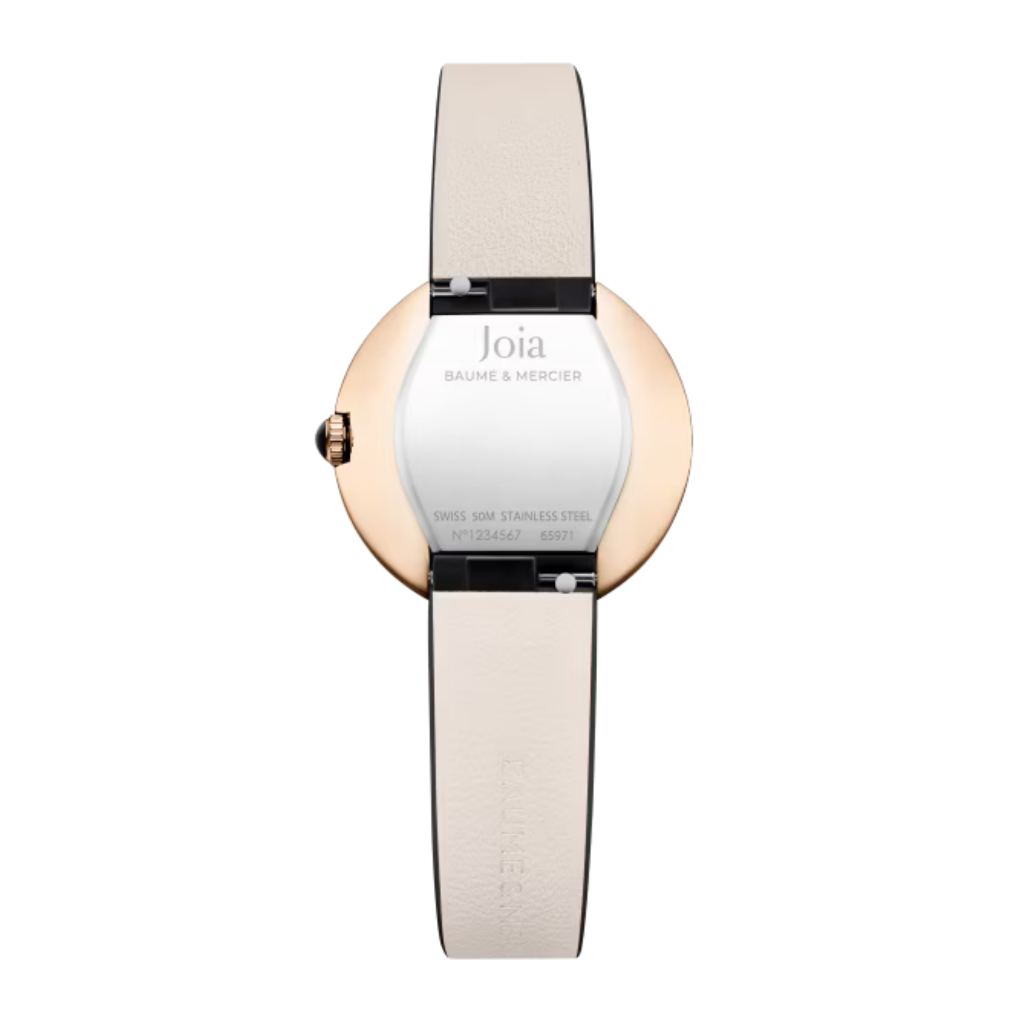 Reloj para mujer Baume & Mercier Joia 10849 de Cuarzo con caja de 28 mm de acero dorado PVD, esfera plateada y correa de piel negra.