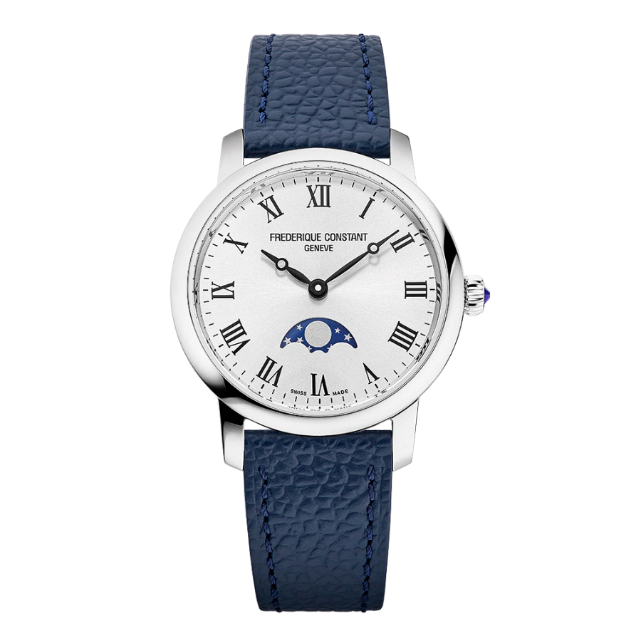 Reloj para mujer frederique constant con correa de cuero azul y esfera blanca con fase lunar