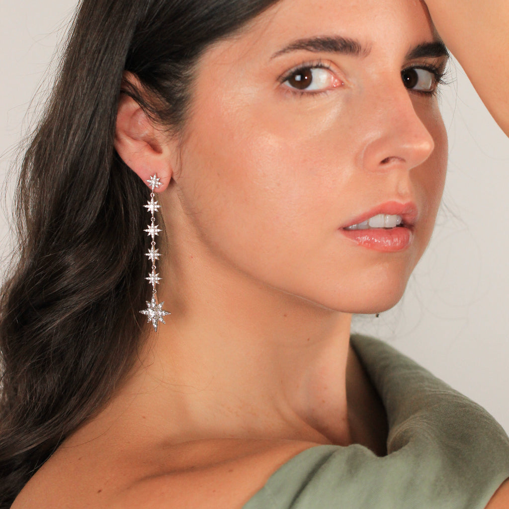 Pendientes largos de estrella en plata de primera ley con circonitas