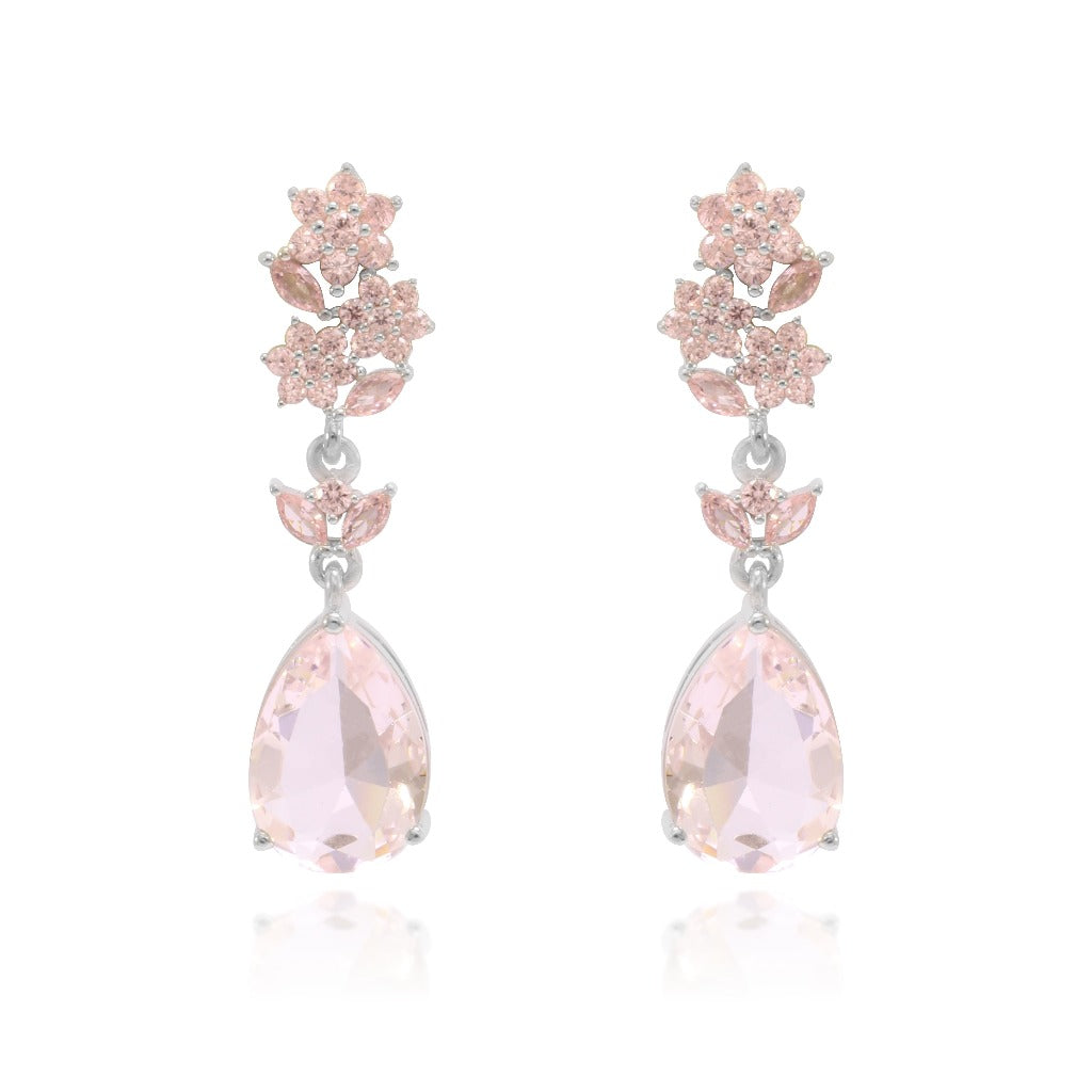 pendientes de novia en plata y circonita rosa con flores joyería pamplona