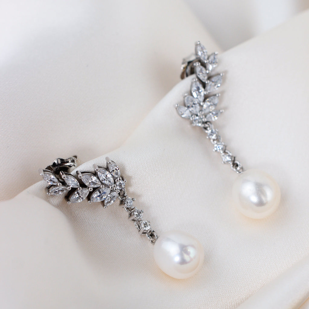 pendientes perla novia plata con trepador de circonitas