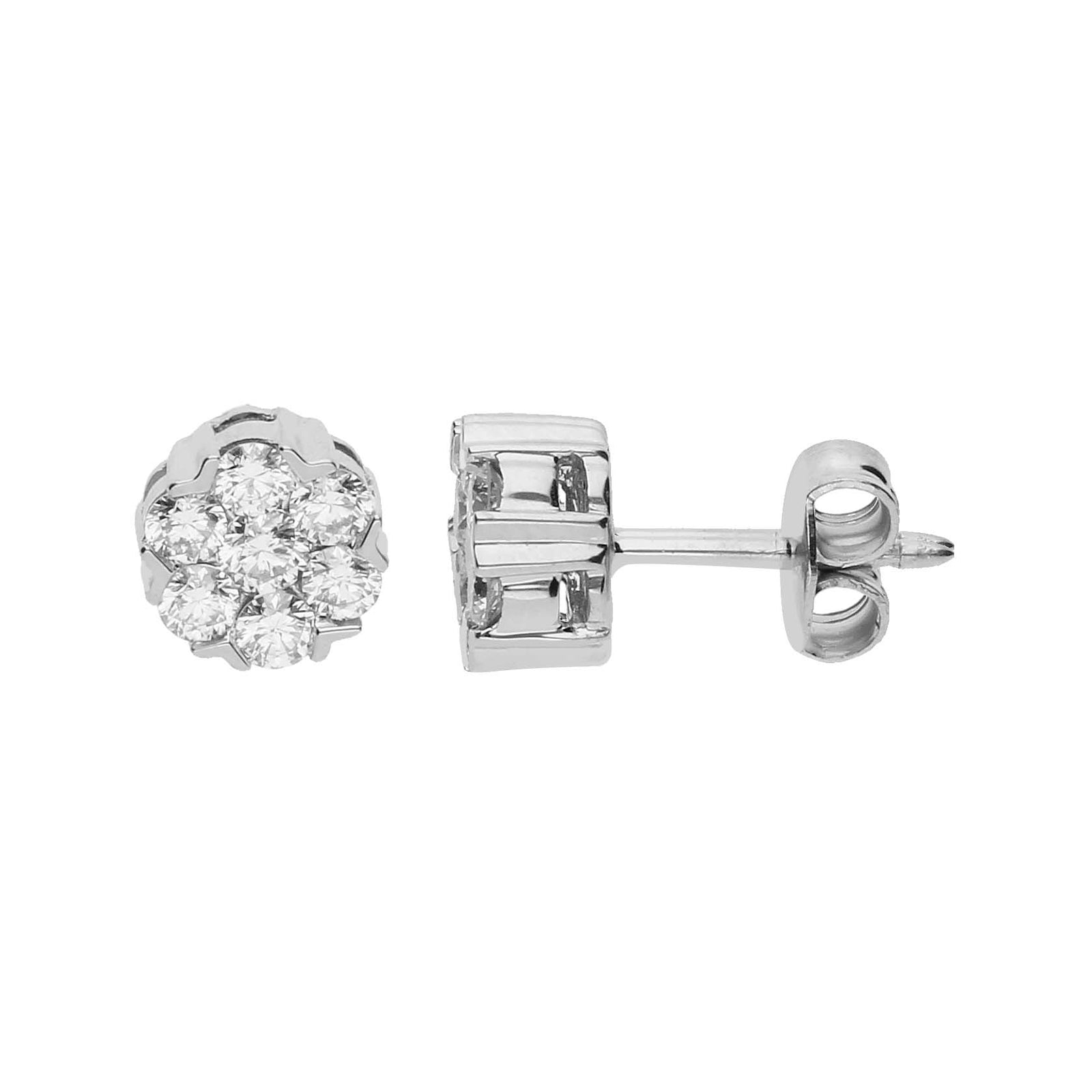 Pendientes de oro blanco de 18 quilates con un diamante central y 12 diamantes rodeándolo. Joyería Pamplona.