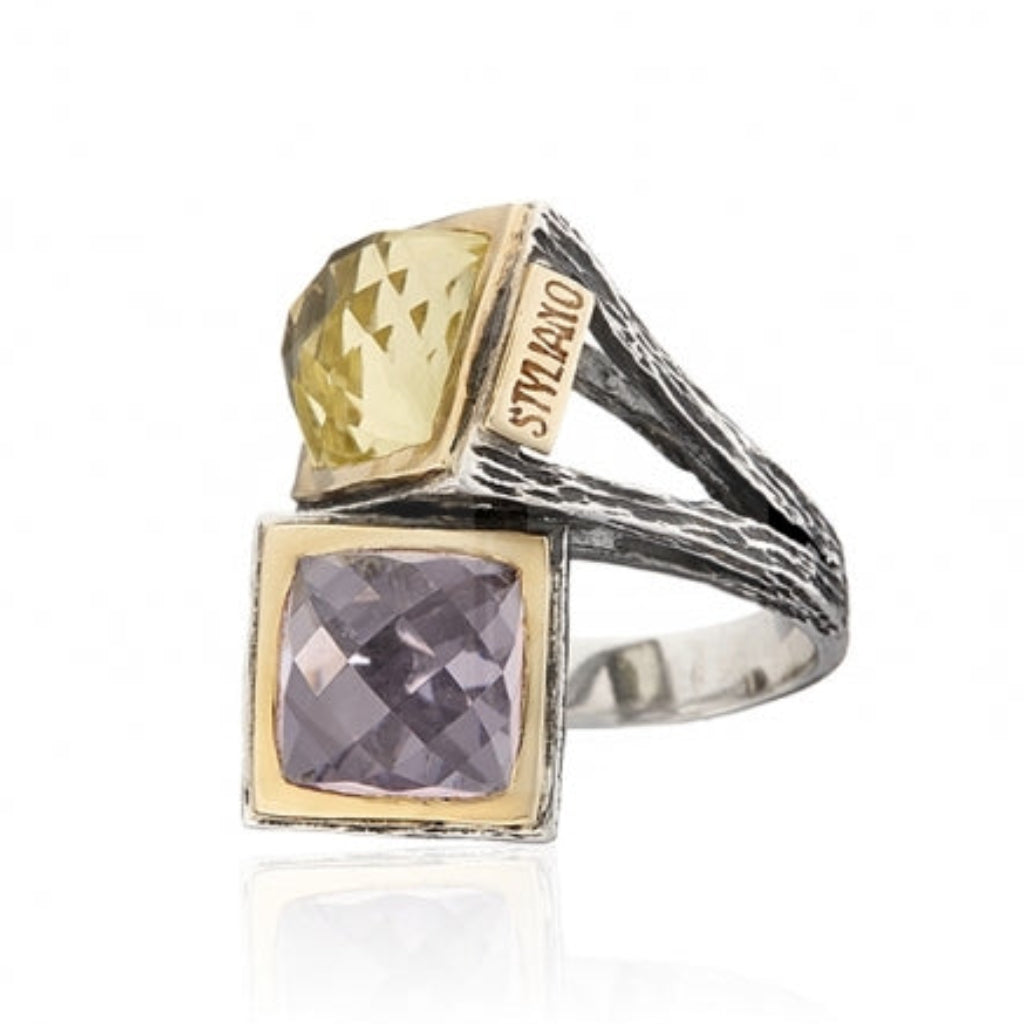 Anillo realizado en plata de primera ley (925) y oro 9 de quilates, cuarzo y amatista.. Styliano Pamplona