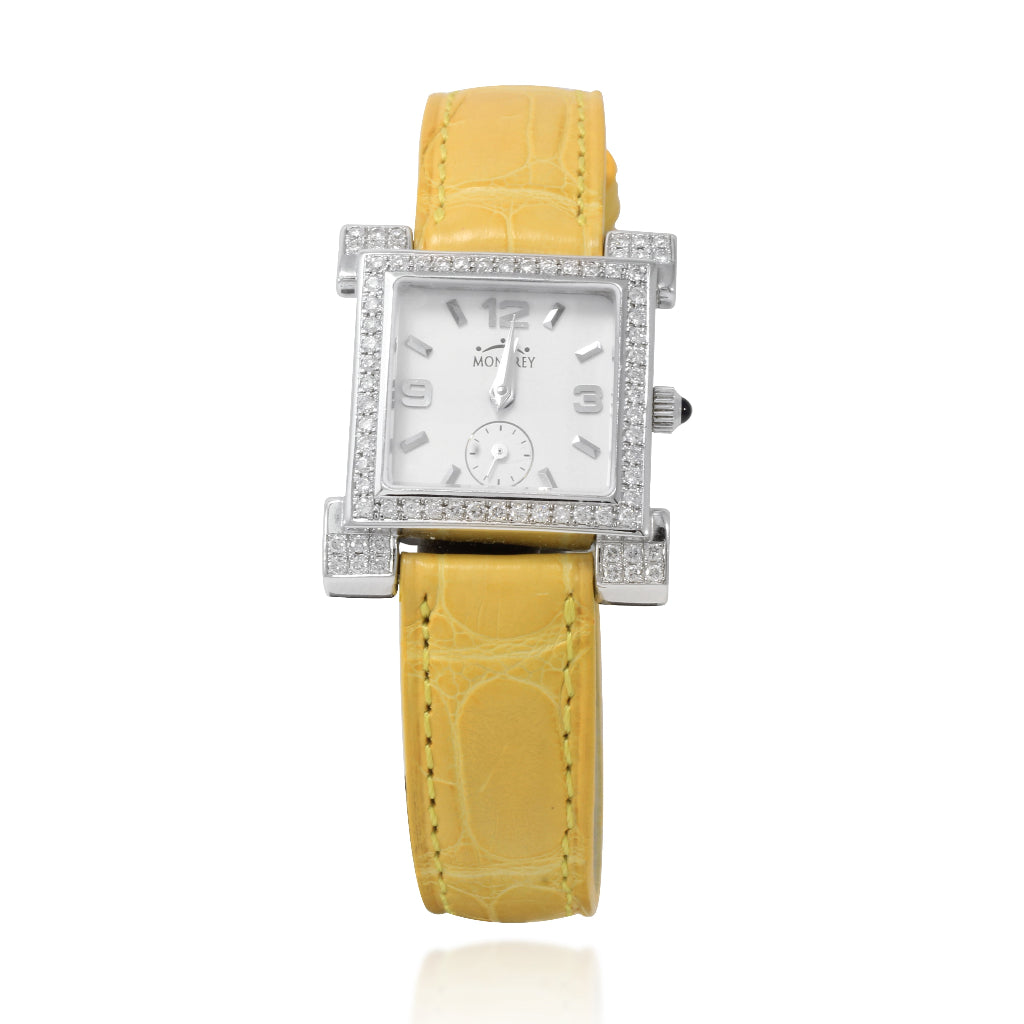reloj oro blanco y diamantes correa amarilla piel montrey