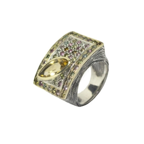 Silver and Gold Ring with Garnet, Rhodonites and Tourmalines