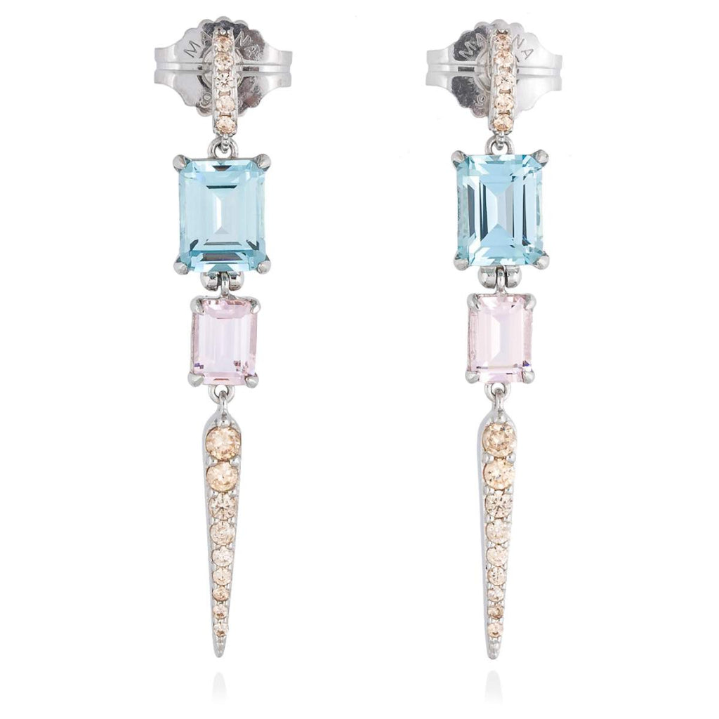 Pendientes de plata de primera ley (925) con baño de rodio, circonita coñac, piedra sintética color azul y piedra sintética color rosa agua