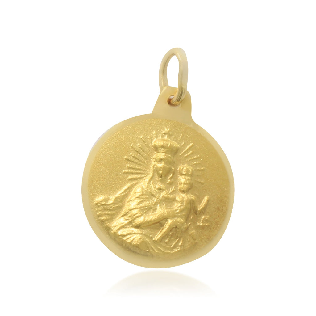 Colgante escapulario realizado en oro amarillo de 18 quilates matizado con borde liso. Escapulario con del Carmen y Sagrado Corazón.