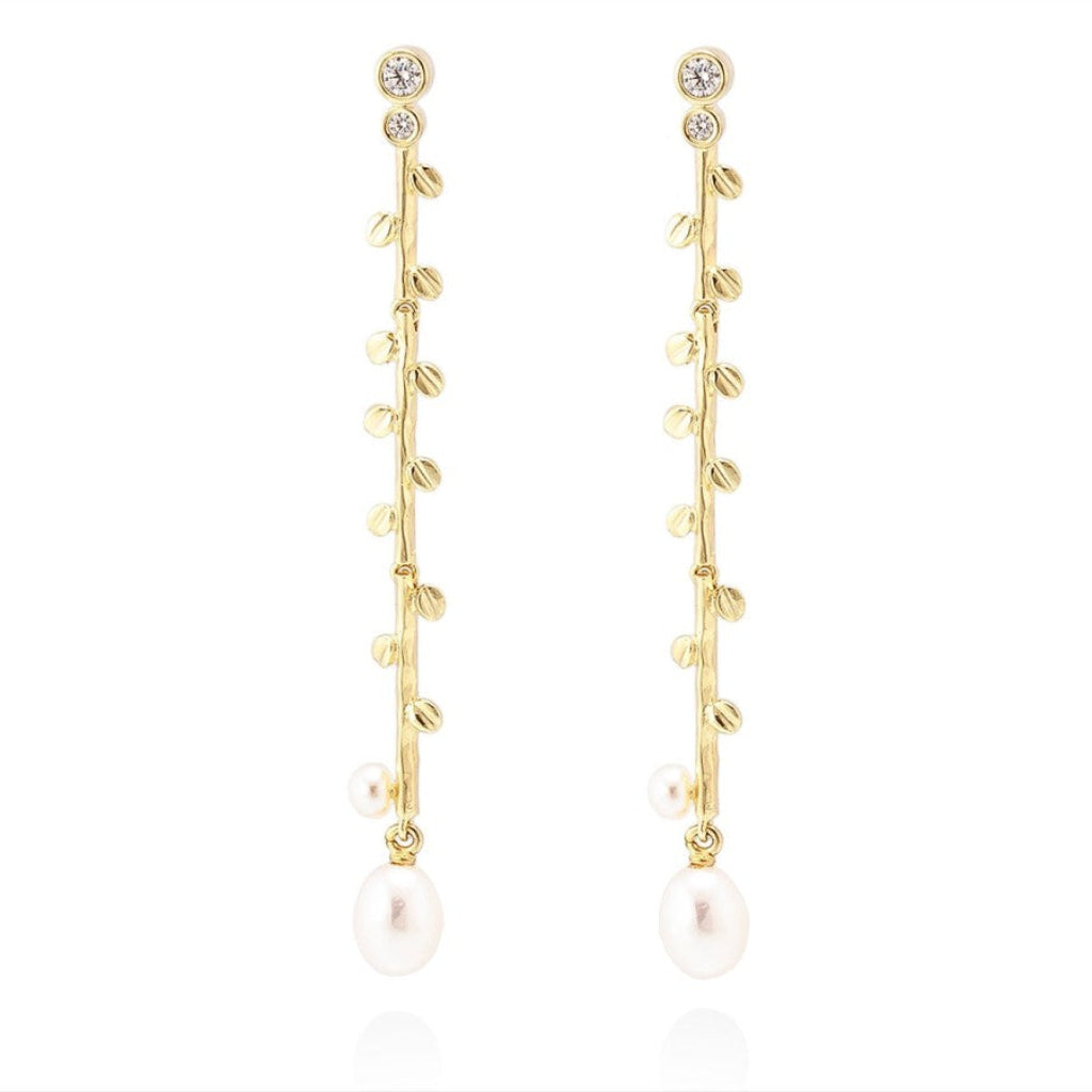 Pendientes de plata de primera ley (925) bañada en oro amarillo de 18 quilates con circonita incolora y perlas cultivadas