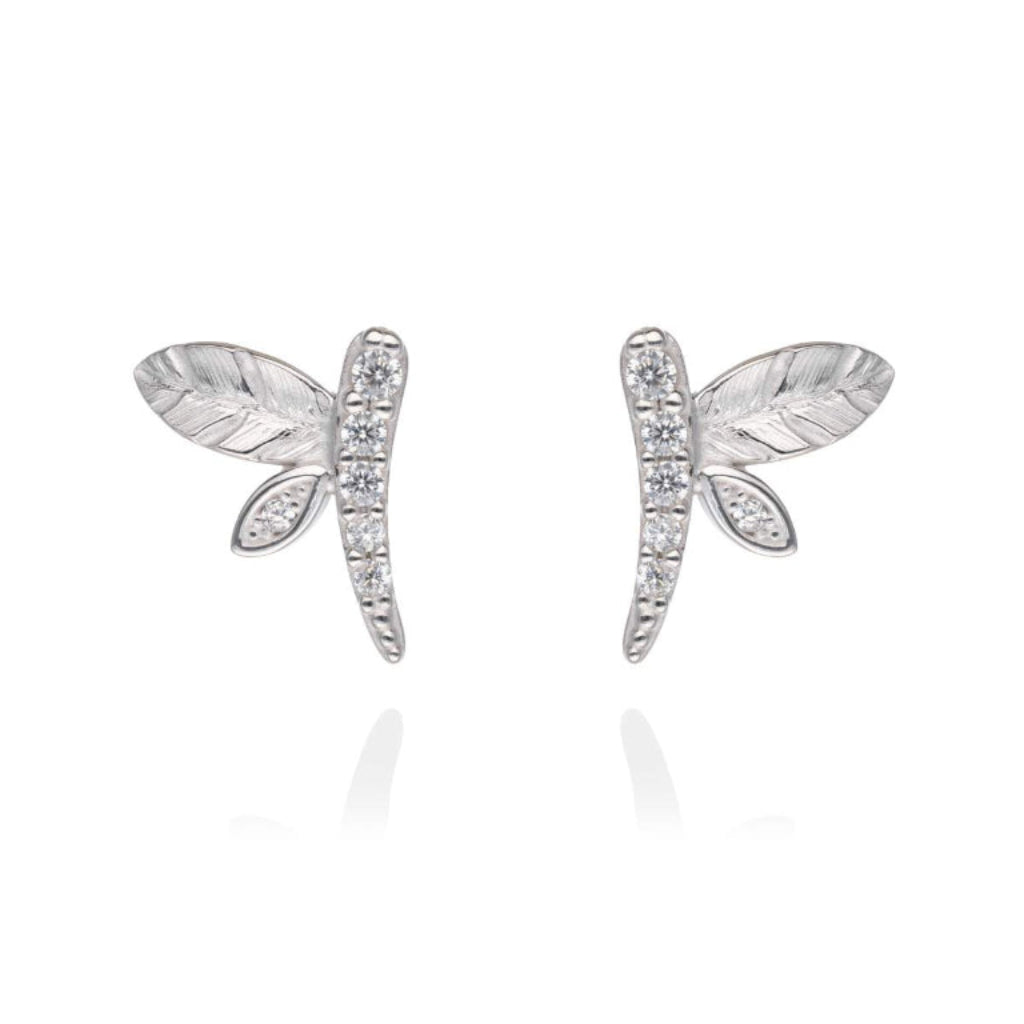 Pendientes de plata de primera ley (925) con baño de rodio con circonita incolora en forma de libélula