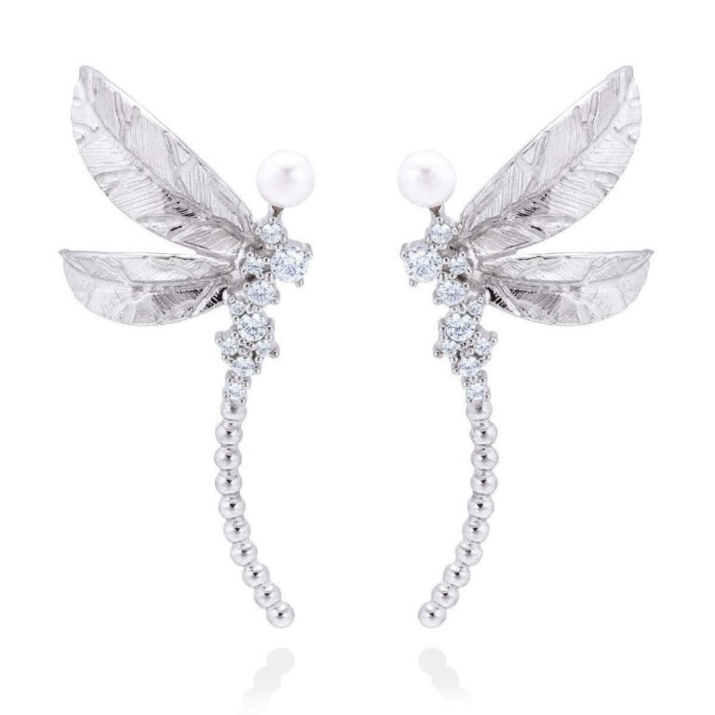 Pendientes de plata de primera ley (925) en forma de libélula con circonitas y perla cultivada