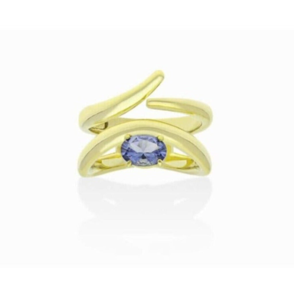 Anillo de plata de primera ley (925) chapada en oro amarillo de 18 quilates con piedra sintética color &quot;London Blue&quot;