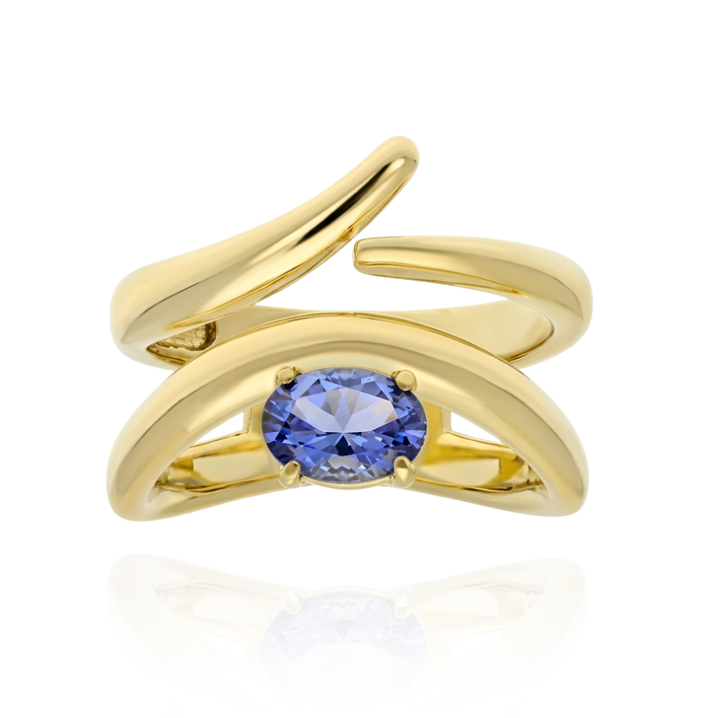 Anillo de plata de primera ley (925) chapada en oro amarillo de 18 quilates con piedra sintética color "London Blue".