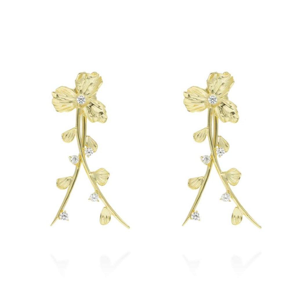 Pendientes de plata de primera ley (925) chapada en oro amarillo de 18 quilates y circonita incolora, con forma de flor y caída cruzada