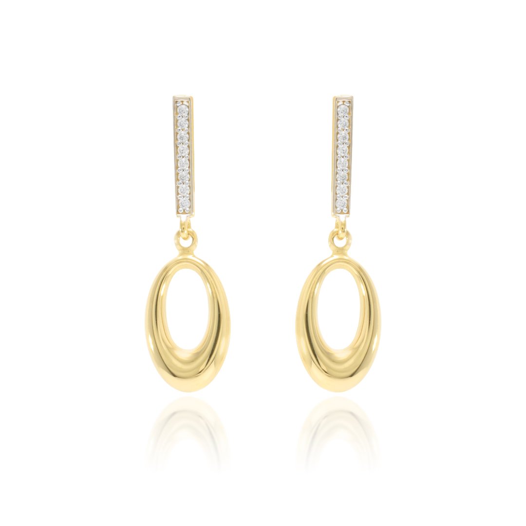 Pendientes largos caída circonitas con motivo oval oro amarillo