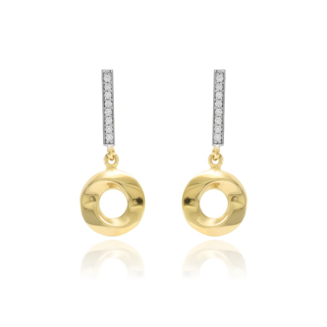 pendientes largos con caida circonitas y motivo circular en oro amarillo y blanco