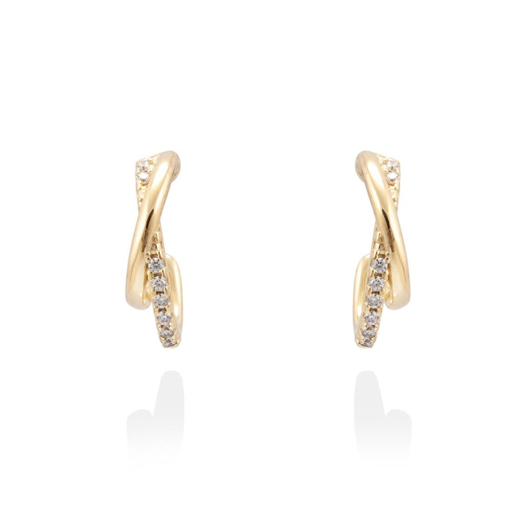 Pendientes de plata de primera ley (925) chapada en oro amarillo de 18 quilates y circonita blanca en forma de doble aro cruzado