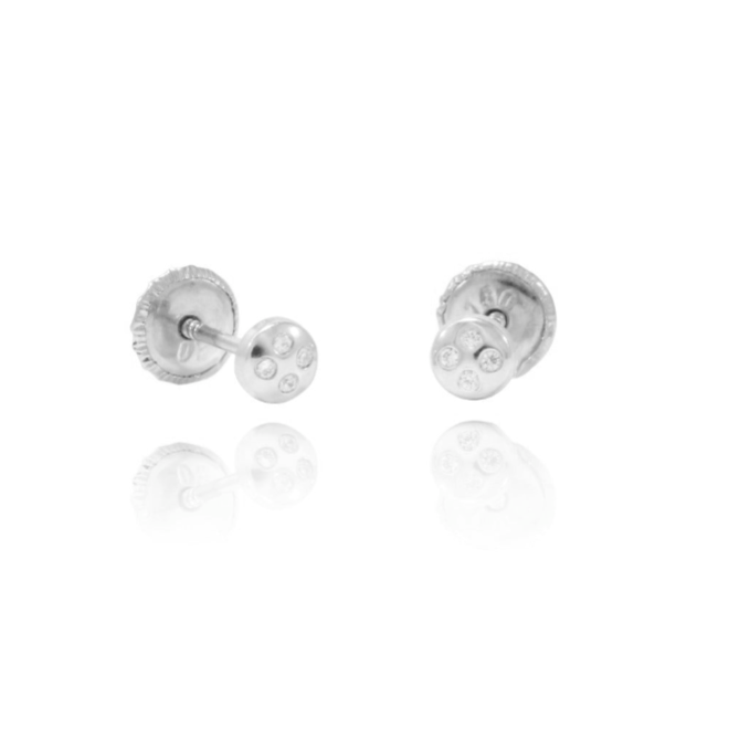 Pendientes para bebé en oro blanco de 18 quilates en forma de flor con pavé de circonitas.