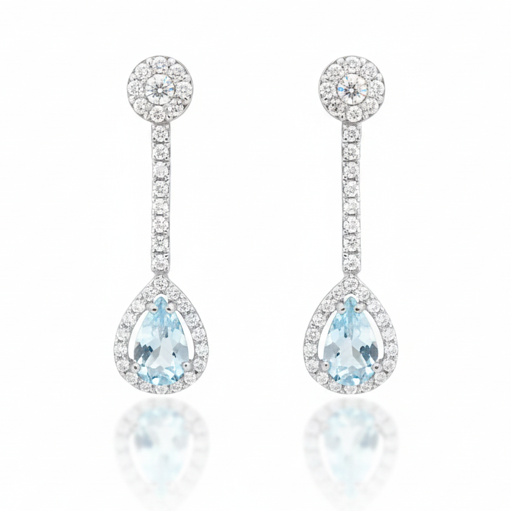 Pendientes de oro blanco de 18k largos con diamantes y aguamarina
